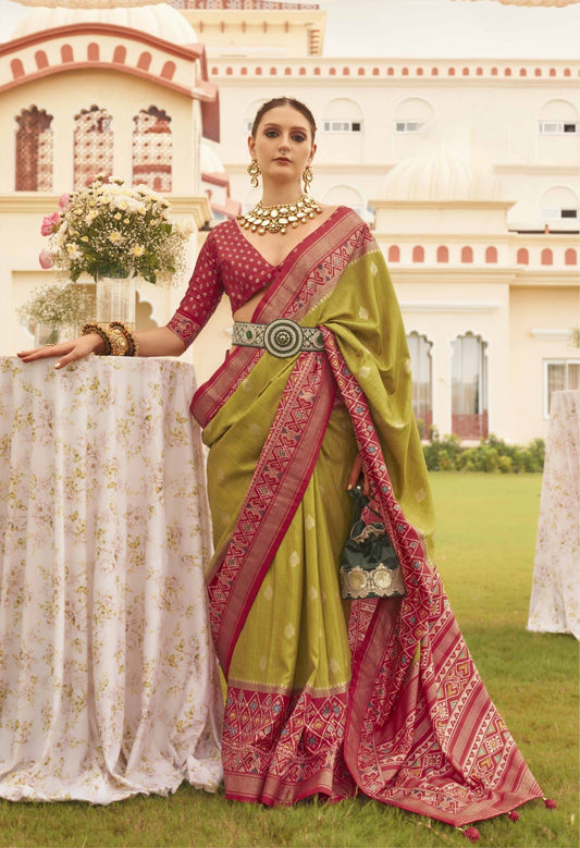 Mehndi Green & Crimson Red Patola Silk Saree - Ressa