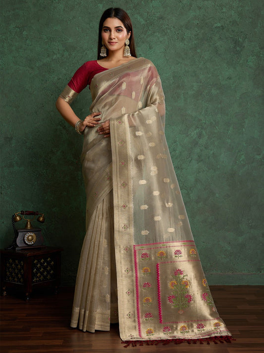 Metalic Gold Tissue Silk Floral Saree - Ressa