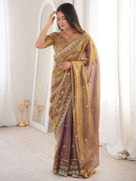 Metalic Satin Emblished Party Wear Saree - Ressa