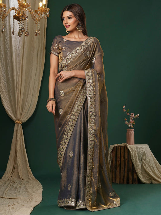 Metallic Gold Tissue Silk Floral Zari Embroidery Saree - Ressa