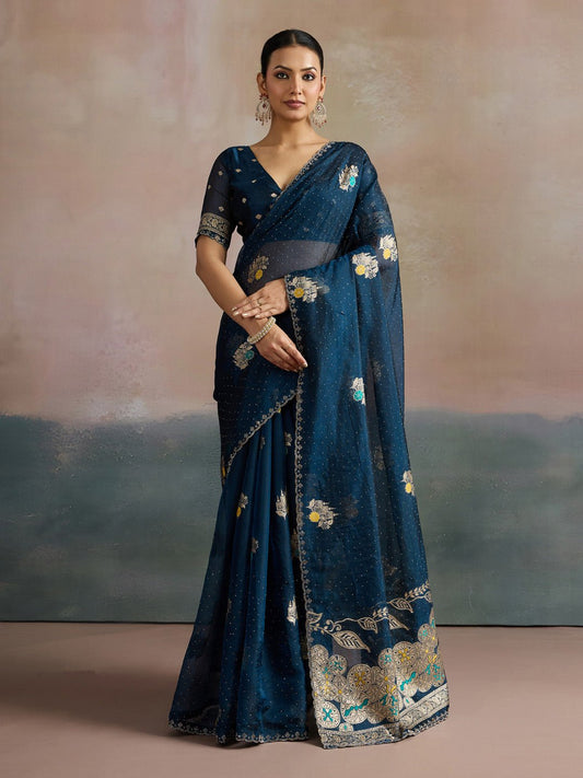 Midnight Blue Organza Saree With Zari Border - Ressa