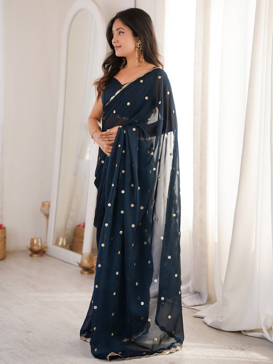 Midnight Navy Blue Pure Georgette Saree with Scalloped Gota Patti Border - Ressa