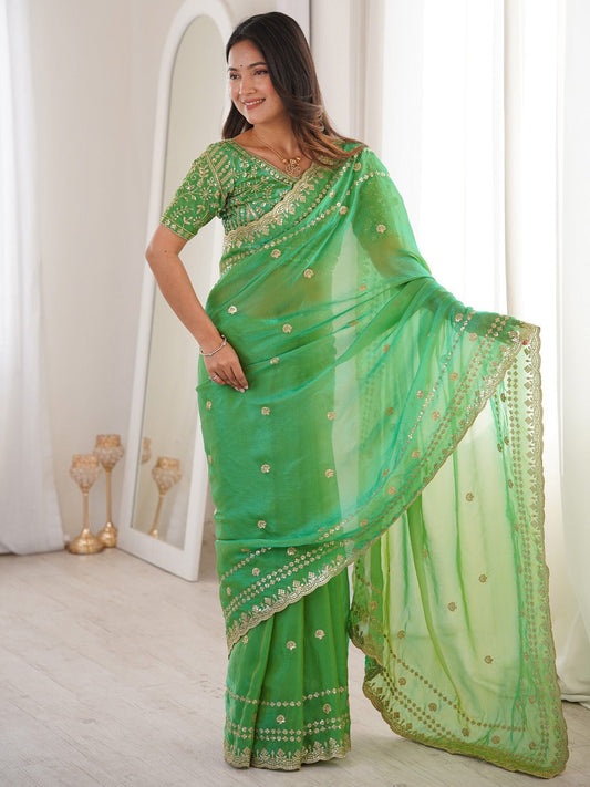 Mint Green Satin Emblished Party Wear Saree - Ressa