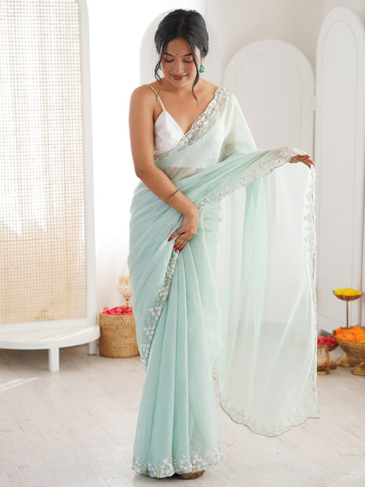 Mint Green Sequin Embroidery Saree - Ressa