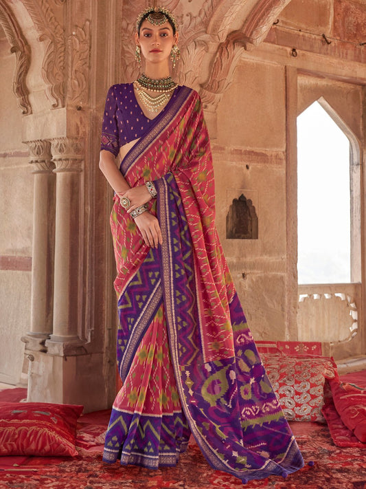Multicolor Patola Silk Blend Woven Motifs Contrast Blouse Saree - Ressa