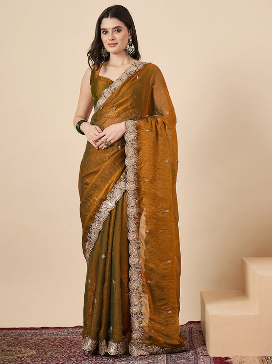 Mustard Olive Tissue Silk Saree with Zardozi Paisley Border - Ressa