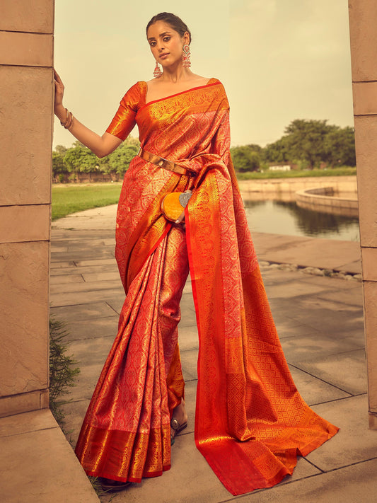 Mustard & Red Silk Blend Heritage Banarasi Style Zari Woven Saree - Ressa