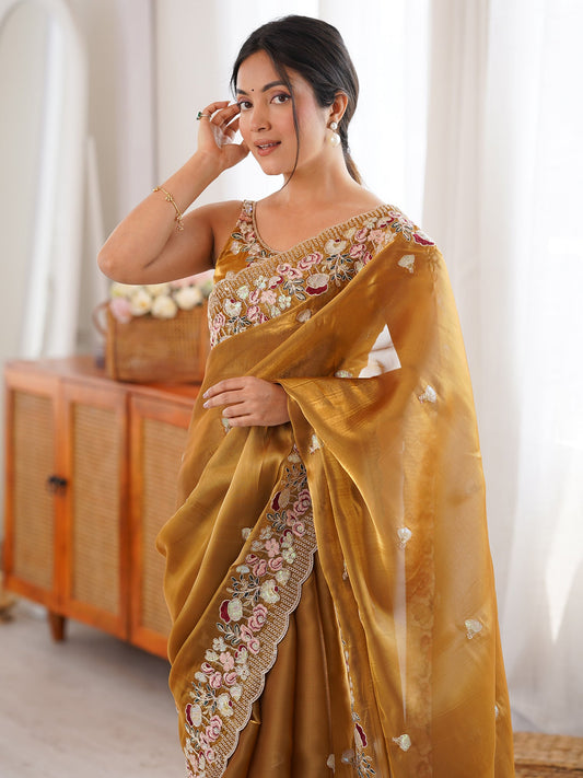 Mustard Tissue Saree with Floral Border - Ressa