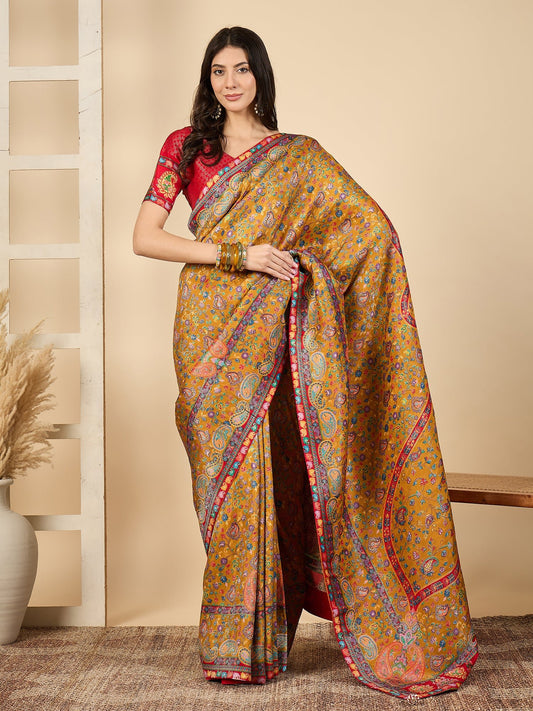 Mustard Yellow & Red Silk Blend Floral Digital Print Zari Woven Border saree - Ressa