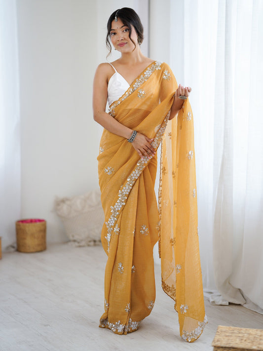 Mustard Yellow Chiffon Satin Embroidered Saree - Ressa