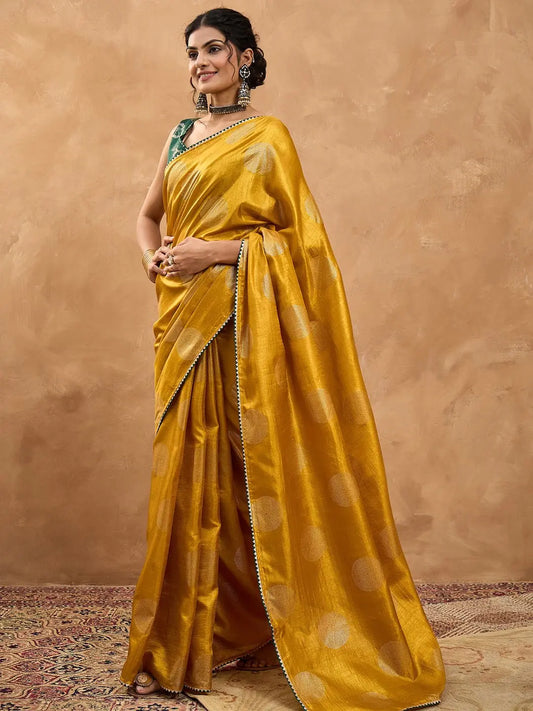 Mustard Yellow Foil Printed Silk Saree