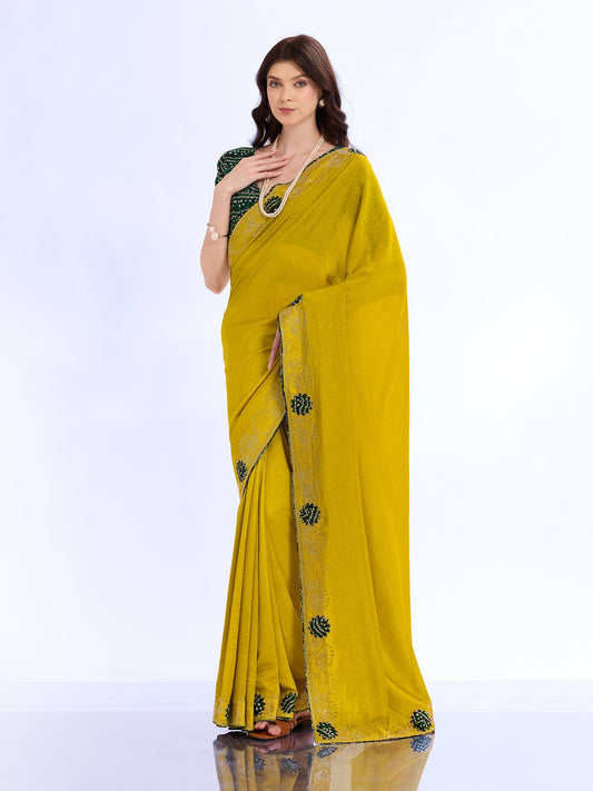 Mustard Yellow Georgette Saree with Bandhani Blouse - Ressa