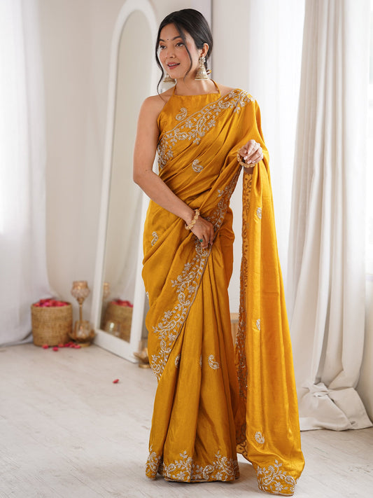 Mustard Yellow Georgette Saree with Scalloped Embroidery - Ressa