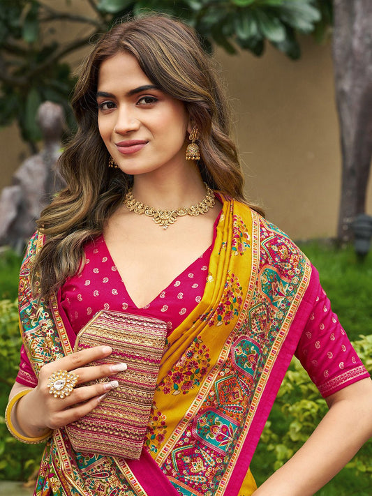 Mustard Yellow & Magenta Pink Kashmiri Pashmina Saree - Ressa