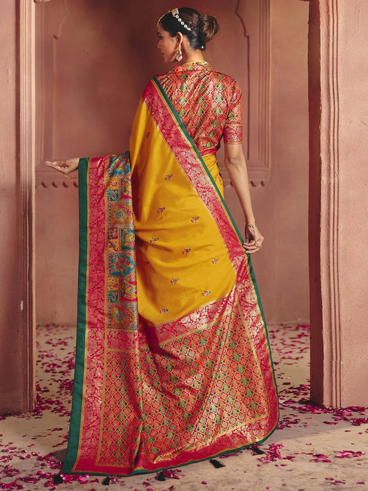 Mustard Yellow Patola Silk Saree with Meenakari Weave - Ressa