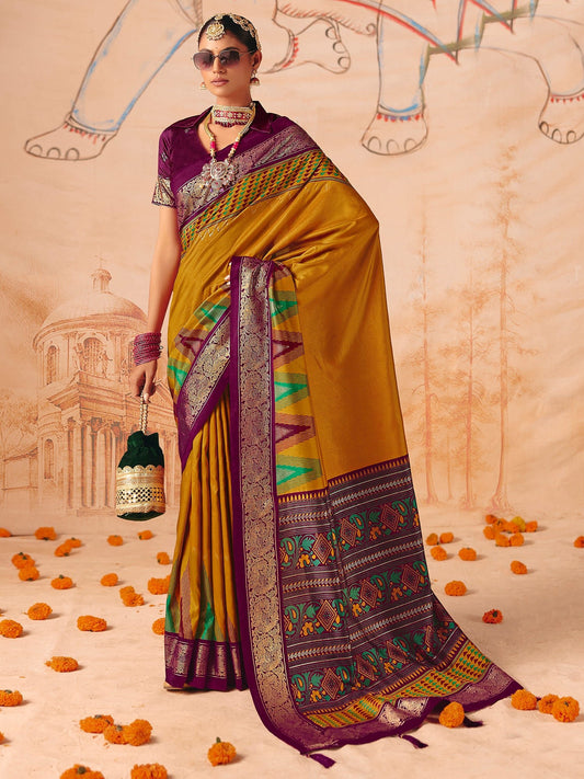 Mustard Yellow & Purple Patola Silk Saree with Zari Border - Ressa