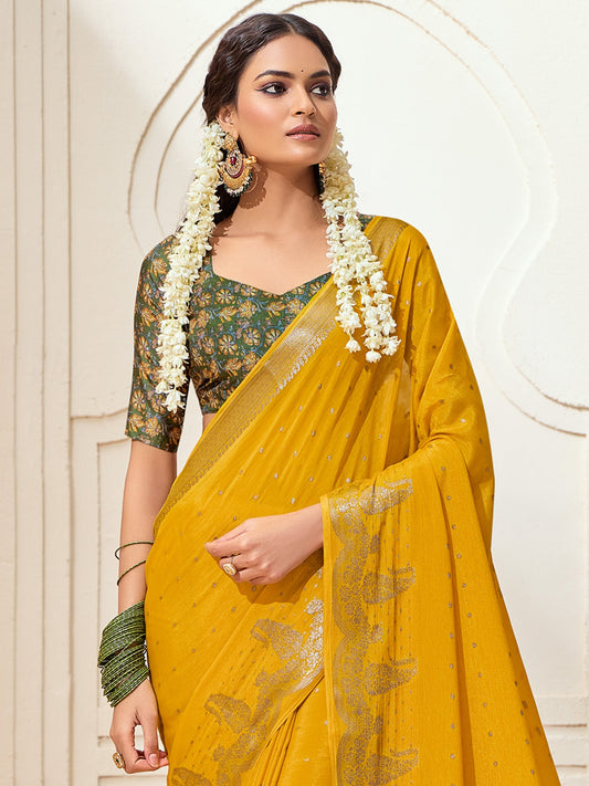 Mustard Yellow Silk Saree with Kalamkari Blouse - Ressa