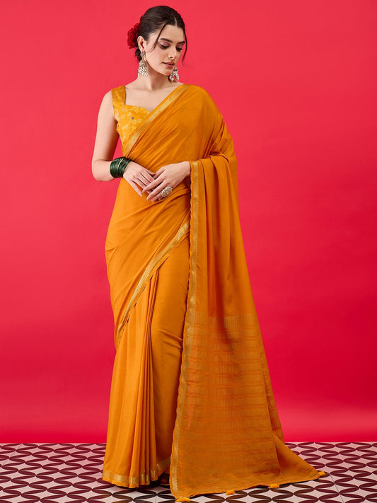 Mustard Yellow Silk Saree with Zari Border & Blouse Piece - Ressa