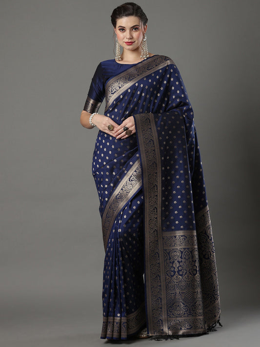 Navy Blue Banarasi Silk Saree - Ressa