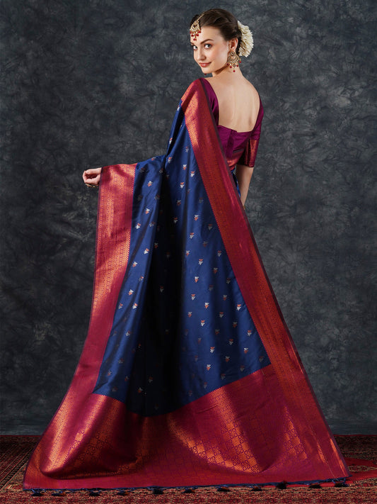 Navy Blue Banarasi Silk Saree with Zari Border - Ressa