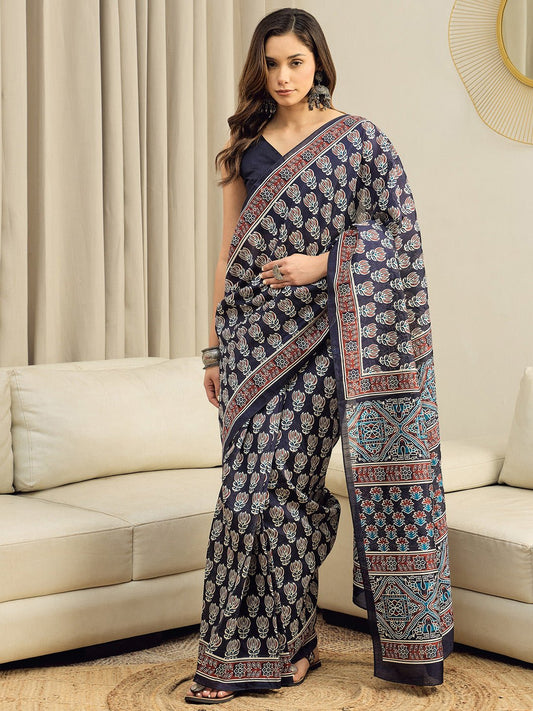 Navy Blue Block Printed Saree - Ressa
