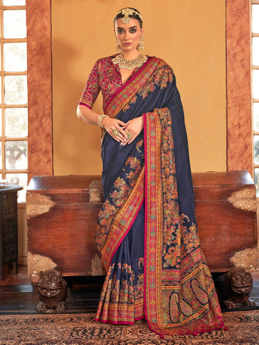Navy Blue Kashmiri Jamawar Woven Silk Blend Floral Weaving Blouse Saree - Ressa