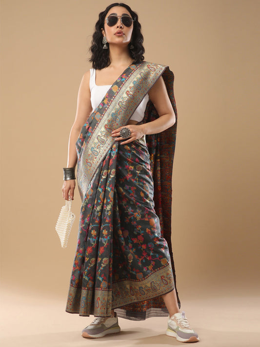 Navy Blue Kashmiri Silk Saree with Flower Motif - Ressa