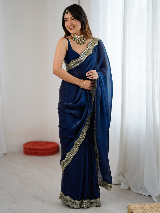 Navy Blue Satin Chiffon Embroidered Border Saree - Ressa