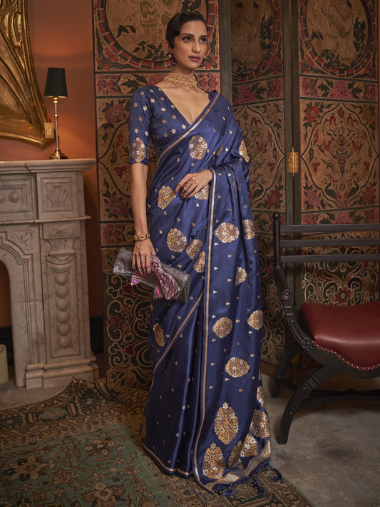 Navy Blue Satin Silk Banarasi Saree - Ressa