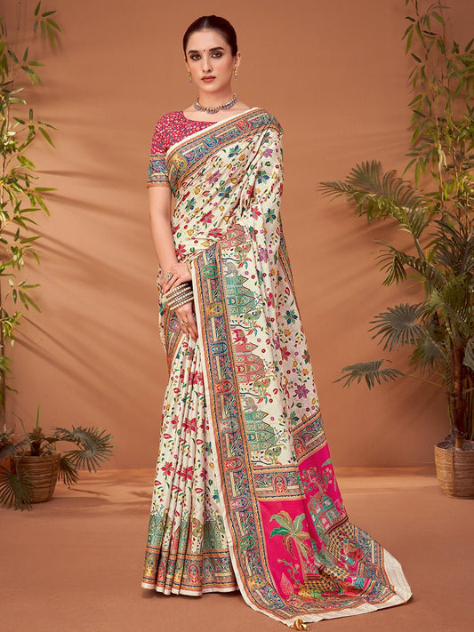 Off-White & Pink Silk Blend Heritage Kalamkari Style Zari Wove Saree - Ressa