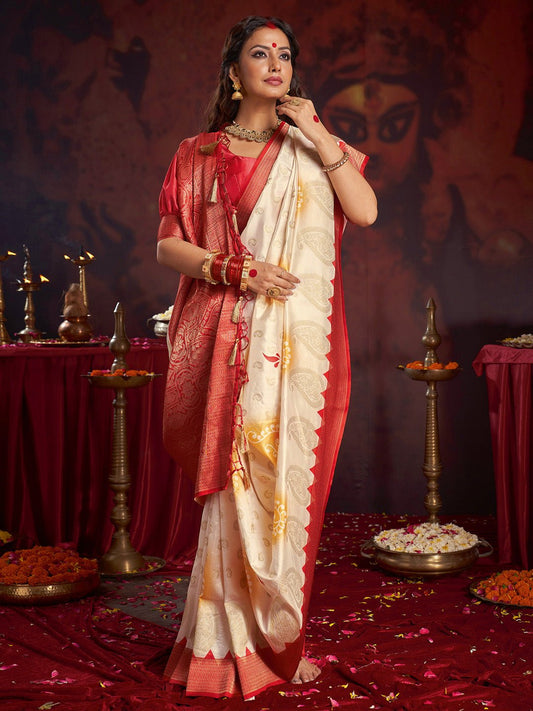 Off-White & Red Silk Blend Paisley Zari Weave Saree - Ressa
