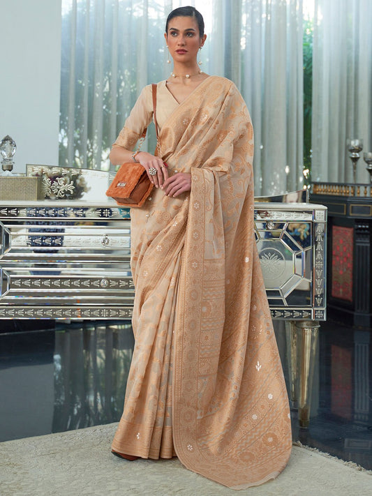 Off-White and Cream Banarasi Silk Blend Saree - Ressa