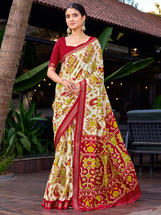 Off - White and Red Patola Saree - Ressa