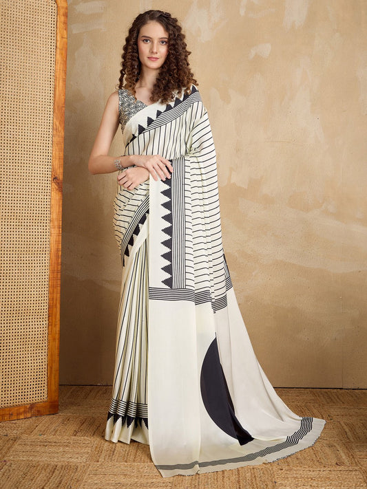 Off-White & Black Geometric Saree - Ressa