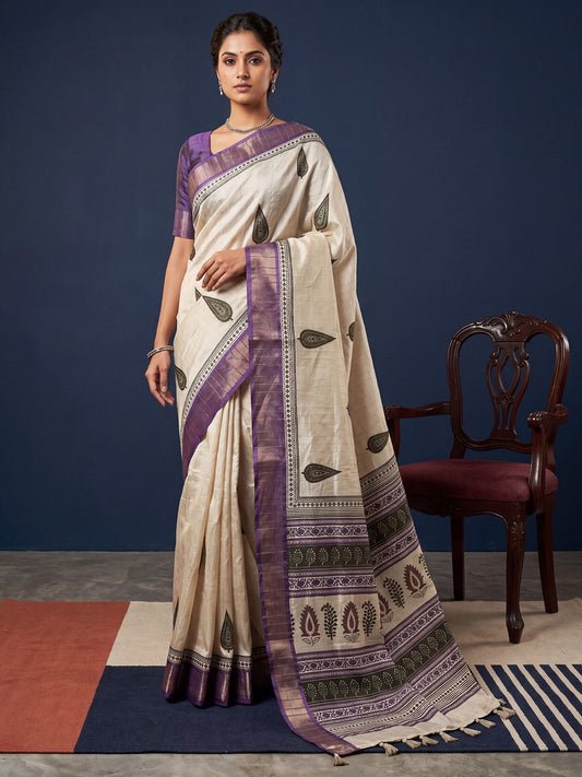 Off White Block Printed Saree - Ressa