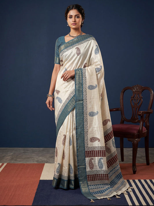 Off White Block Printed Saree - Ressa