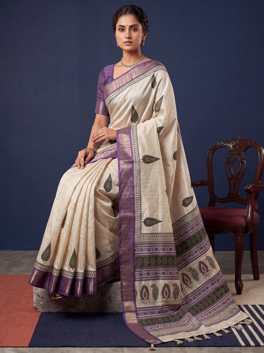 Off White Block Printed Saree - Ressa