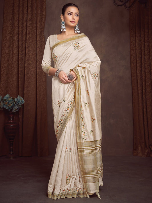 Off-White & Cream Silk Blend Heritage Handloom Aesthetic Saree - Ressa