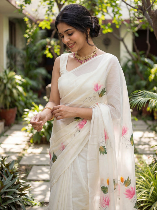 Off-White : Floral Hand-Painted Saree - Ressa