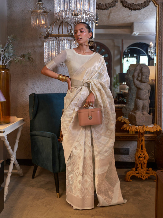 Off-White Linen Banarasi Zari Woven Saree - Ressa