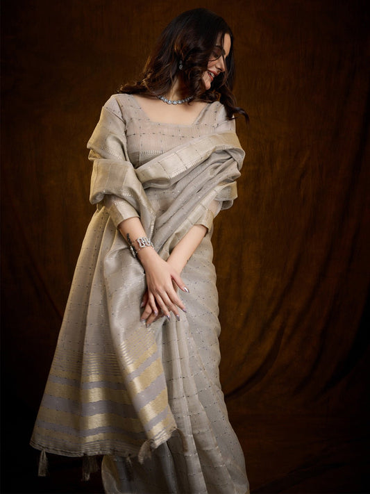 Off-White Linen Blend Banarasi Zari Woven Saree - Ressa