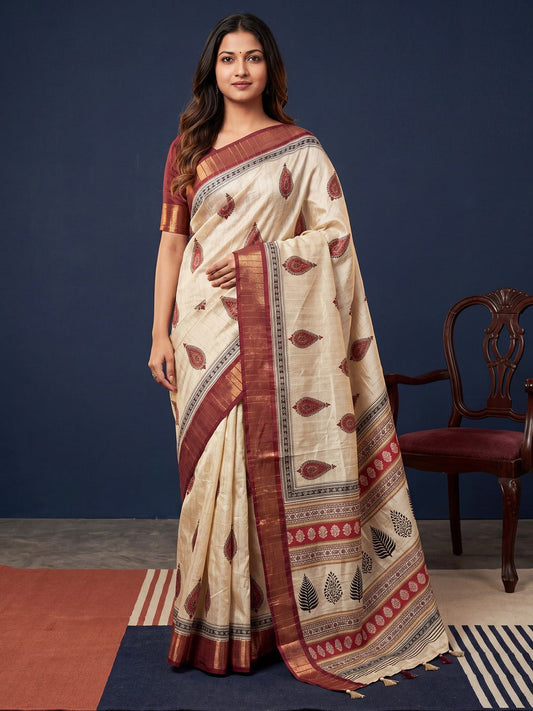 Off White & Maroon Cotton Silk Block Printed Saree - Ressa