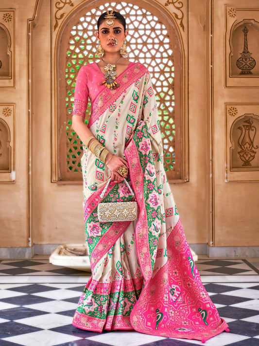 Off-White & Pink Silk Blend Heritage Patola Style Saree - Ressa