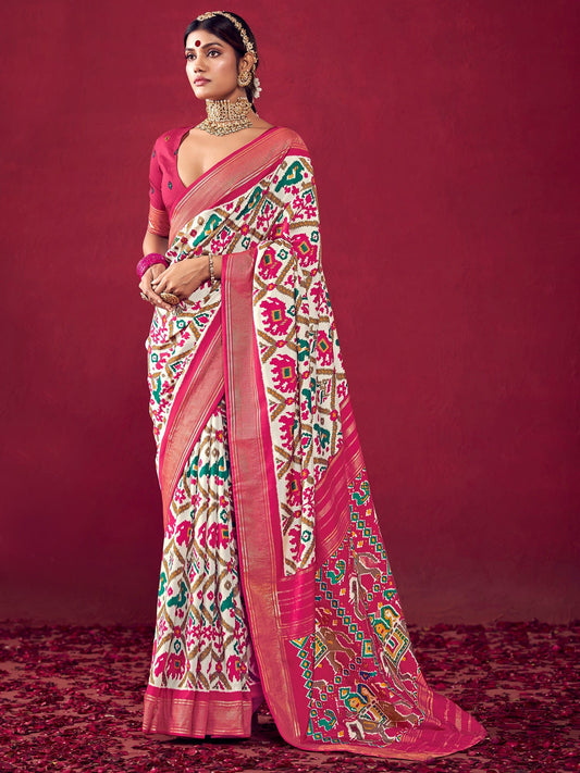 Off-White & Rani Pink Patola Ikat Saree - Ressa