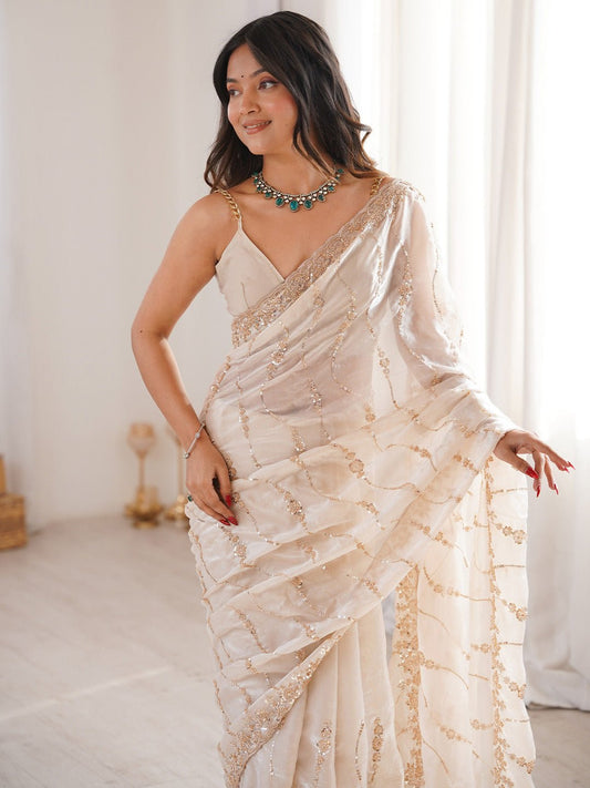 Off-White Satin Bead Work Saree - Ressa