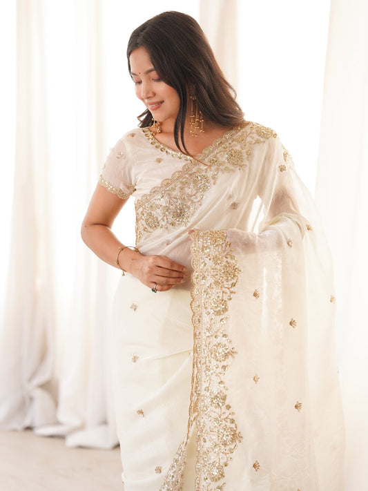 Off White Satin Saree with Intricate Zardosi Embroidery - Ressa