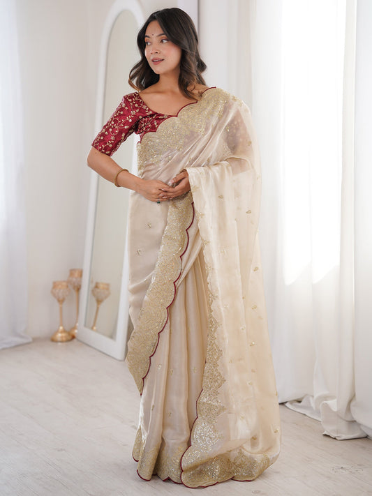 Off-White Tissue Silk Saree with Maroon Scalloped Border - Ressa