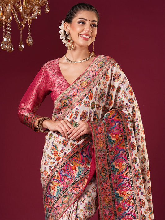 Off-White Viscose Rayon Woven Banarasi Pink Zari Border Blouse Saree - Ressa