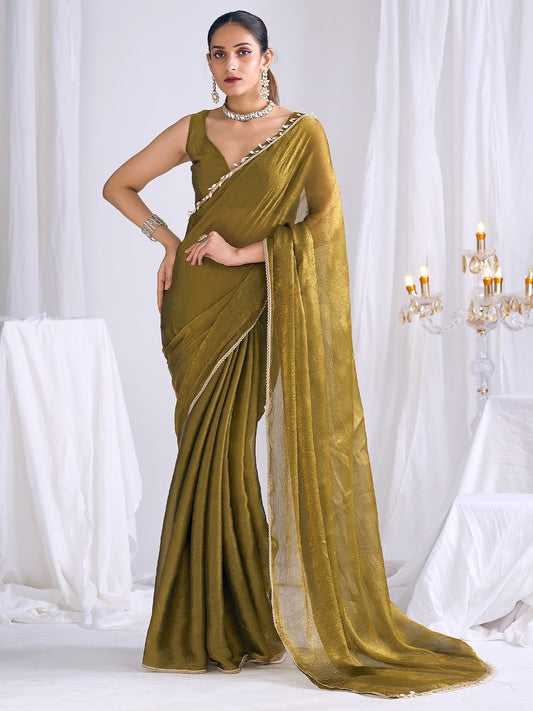 Olive Gold Tissue Saree with Shell Border & Blouse - Ressa