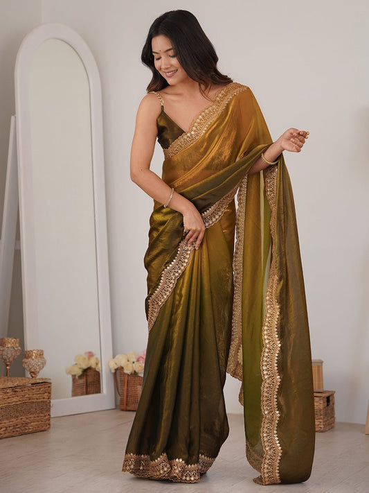 Olive Green Emblished Satin Saree - Ressa